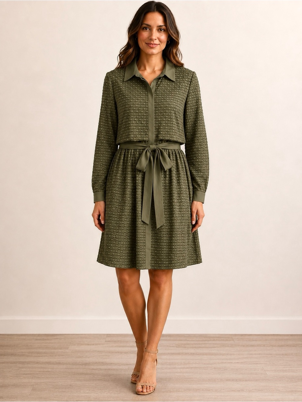 NY Collection Women's Olive Green Textured Shirt Dress Belted Long Sleeve XL NWT